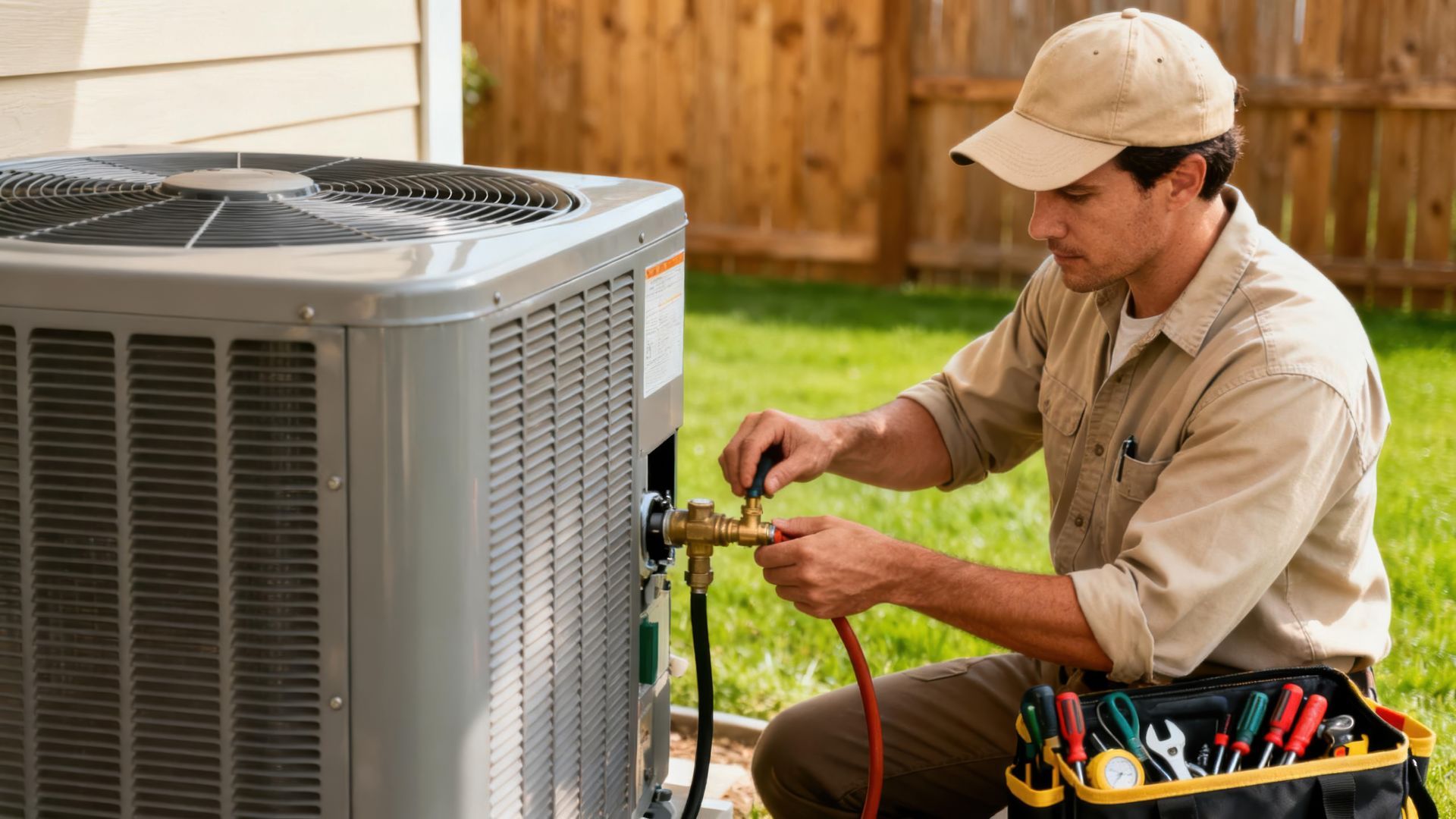 Technician checking air conditioner unit outdoors with gauges and tools attached