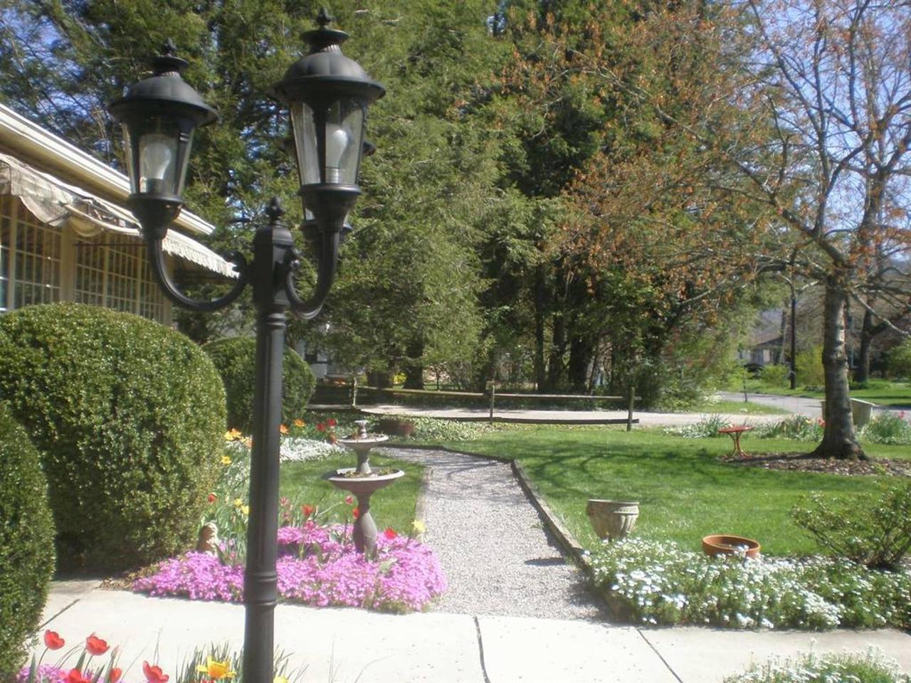 A black lamp post stands in a garden path lined with flowers, leading to a lawn and trees.