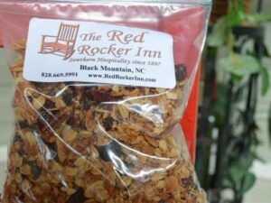 Bag of granola from The Red Rocker Inn in Black Mountain, NC. The bag has a label with a rocking chair logo.