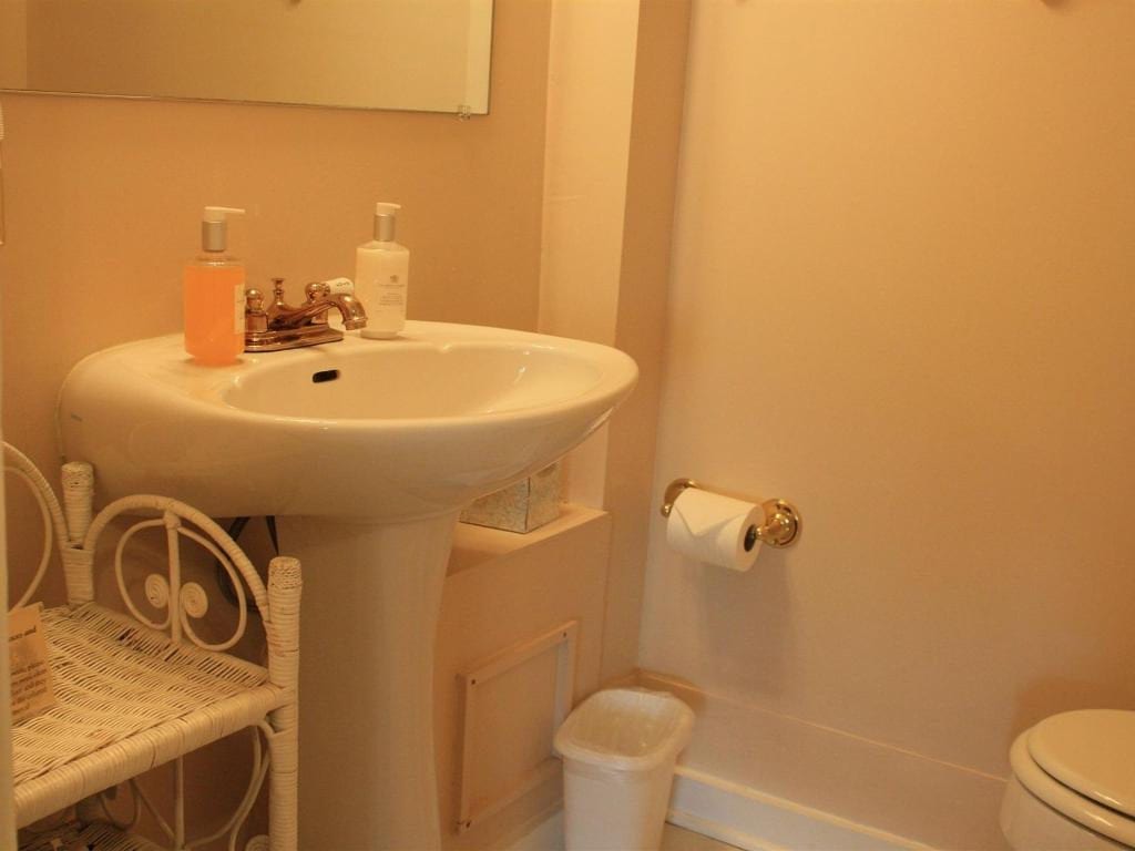 A small bathroom with a pedestal sink, toilet, and a white metal shelf.