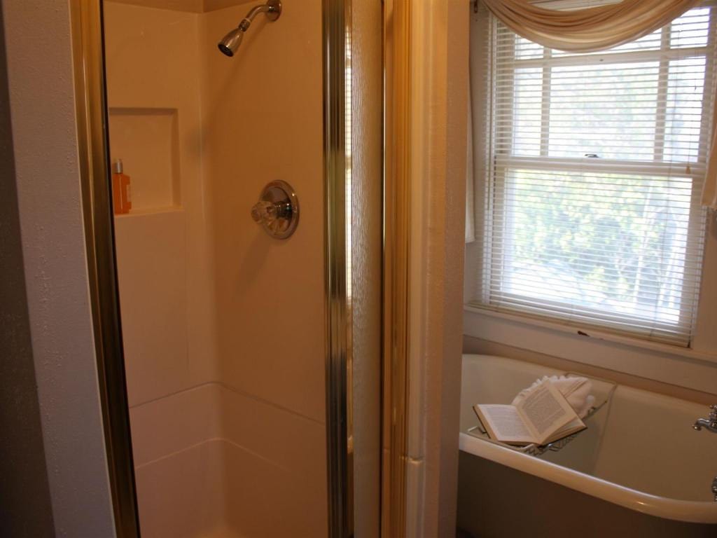 A bathroom with a shower and a bathtub. A book rests on the edge of the tub near a window with blinds.
