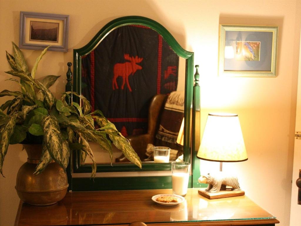 A wooden vanity with a green-framed mirror. A moose blanket is draped over a chair behind the mirror. A lamp, plant, glass of milk, and cookie sit on the vanity.