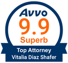 A badge that says AVVO 9.9 superb top attorney Vitalia Diaz Shafer