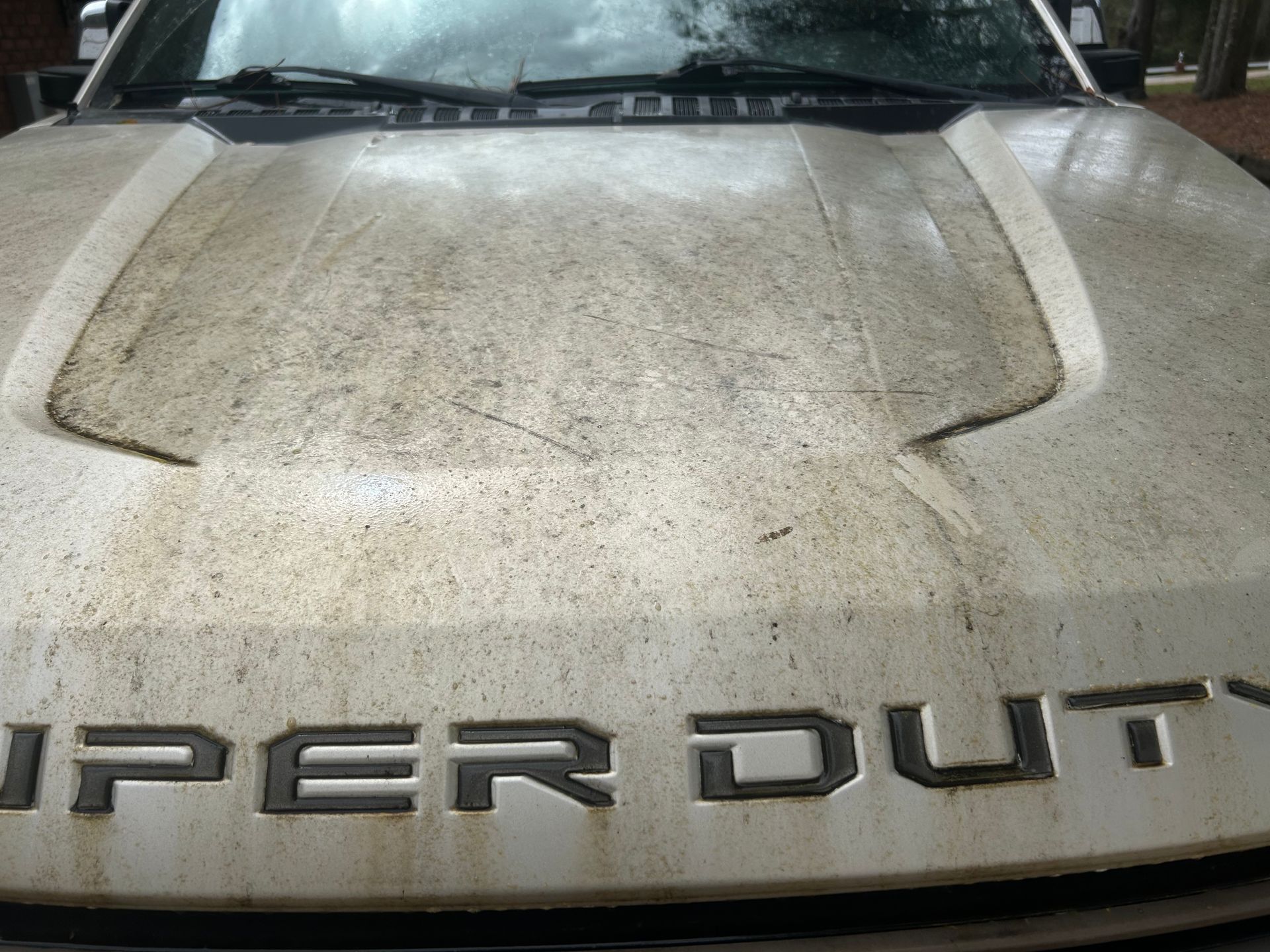 Dirty white Ford Super Duty truck hood.
