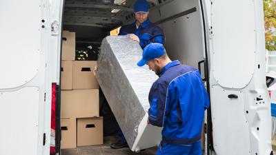 Two men are loading a refrigerator into a van.