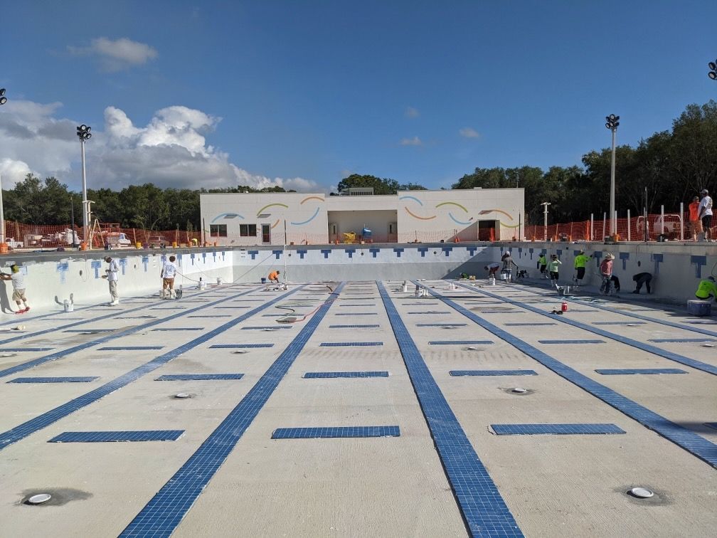 A large empty swimming pool with a building in the background