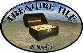 A logo for treasure tile of naples with a treasure chest on the beach