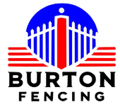 A logo for Burton Fencing with a red white and blue fence