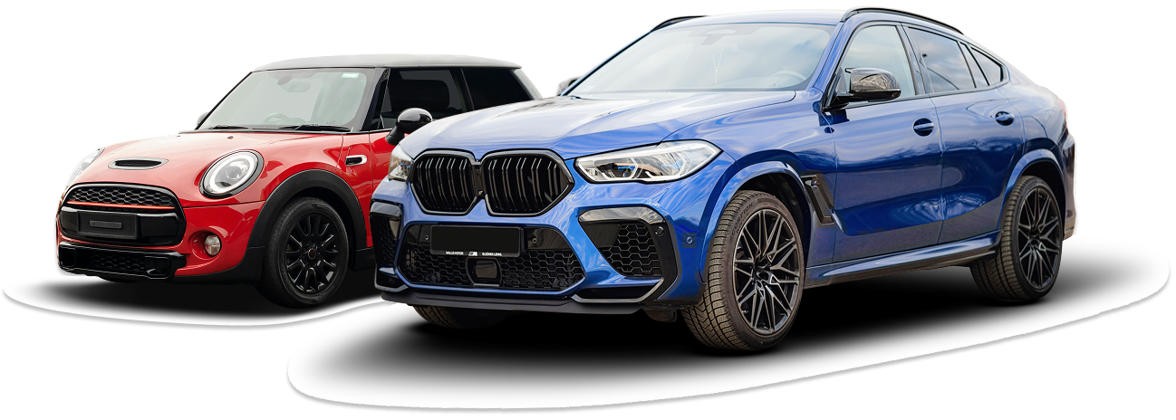 A red Mini Cooper and a blue BMW SUV parked on a white surface - Bimmerfix