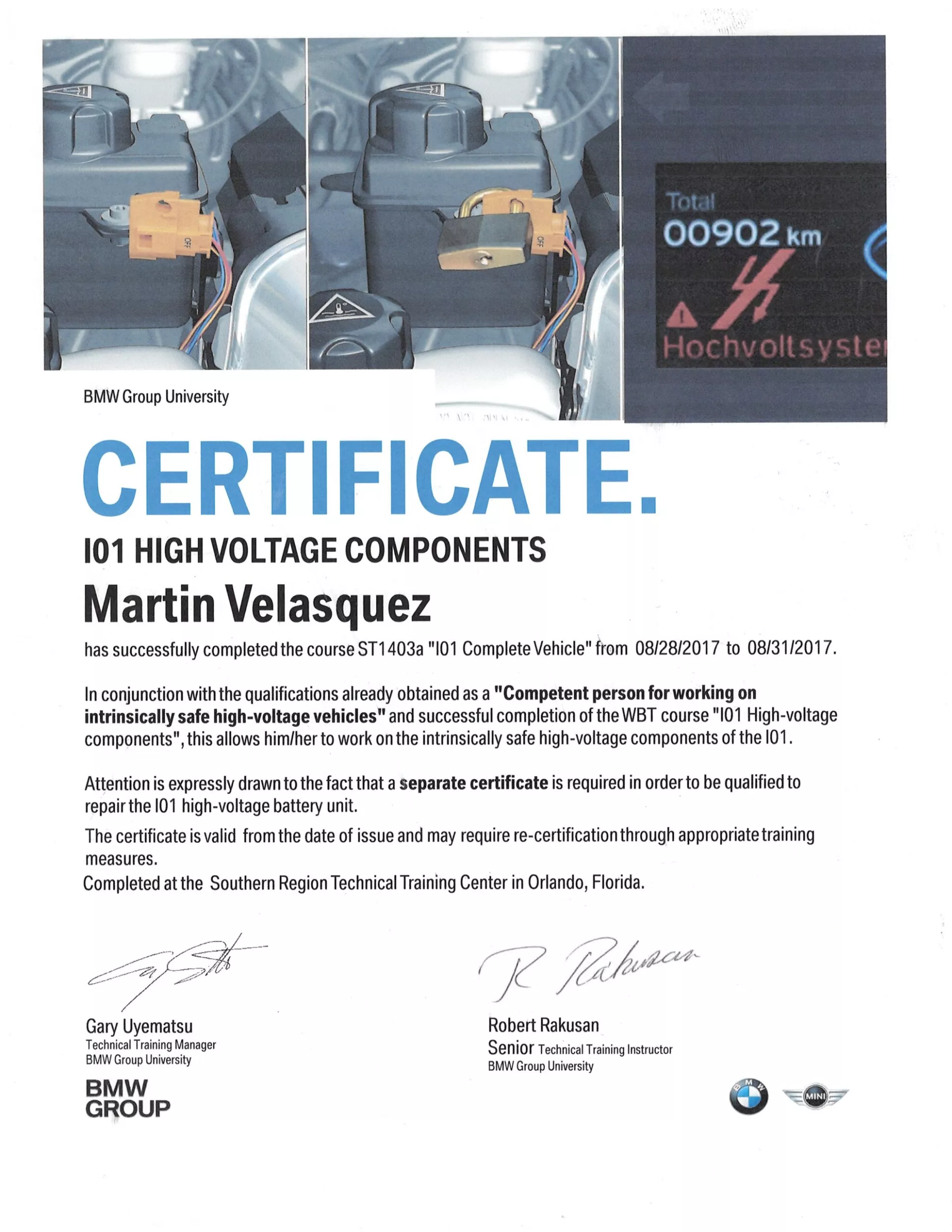 Certificate of completion for high voltage components training for Martin Velasquez. Includes car parts and mileage reading - Bimmerfix