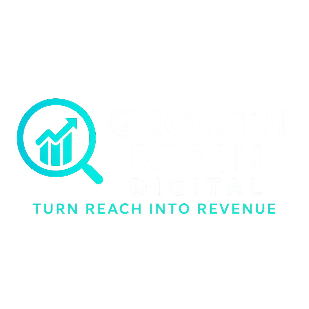 Growth Reach Digital transparent logo featuring magnifying glass icon and tagline 'Turn Reach Into Revenue' in teal and white