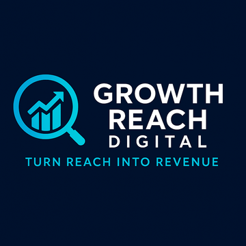 Growth Reach Digital logo — Magnifying glass with rising bar graph icon and text “Growth Reach Digital | Turn Reach Into Revenue