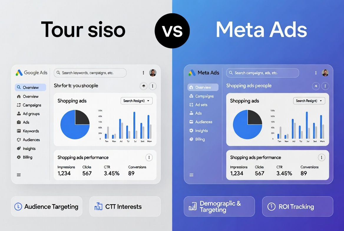 Google Ads vs Meta Ads: Complete platform comparison for 2026 digital advertising Google Ads vs Meta Ads comparison dashboard showing shopping ads, performance metrics, audience targeting, and ROI tracking for digital advertising