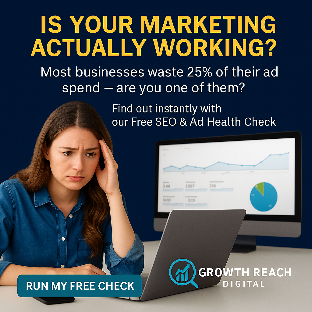 Business owner analyzing digital marketing dashboard with Growth Reach Digital.