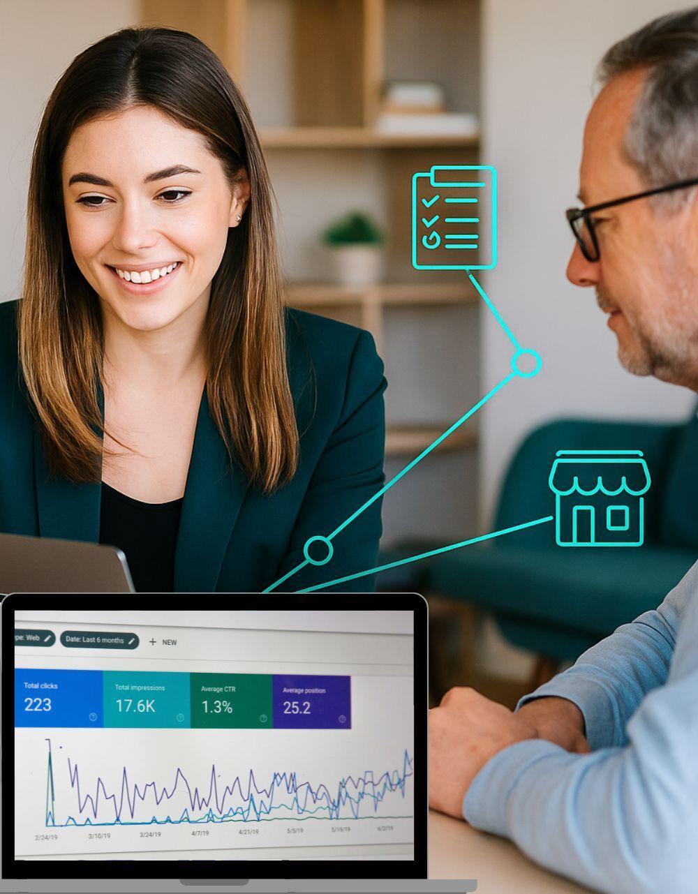 A digital marketing consultant reviewing Google Analytics data with a small business owner, symbolizing SEO enhancement and local ranking growth for Growth Reach Digital.