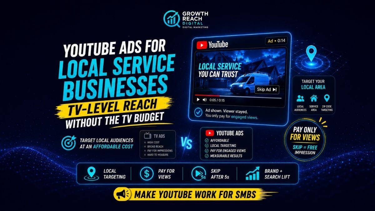 Comparison infographic showing TV commercials versus YouTube ads for small businesses, highlighting CPM costs, targeting precision, ROI transparency, and skip options — designed by Growth Reach Digital.