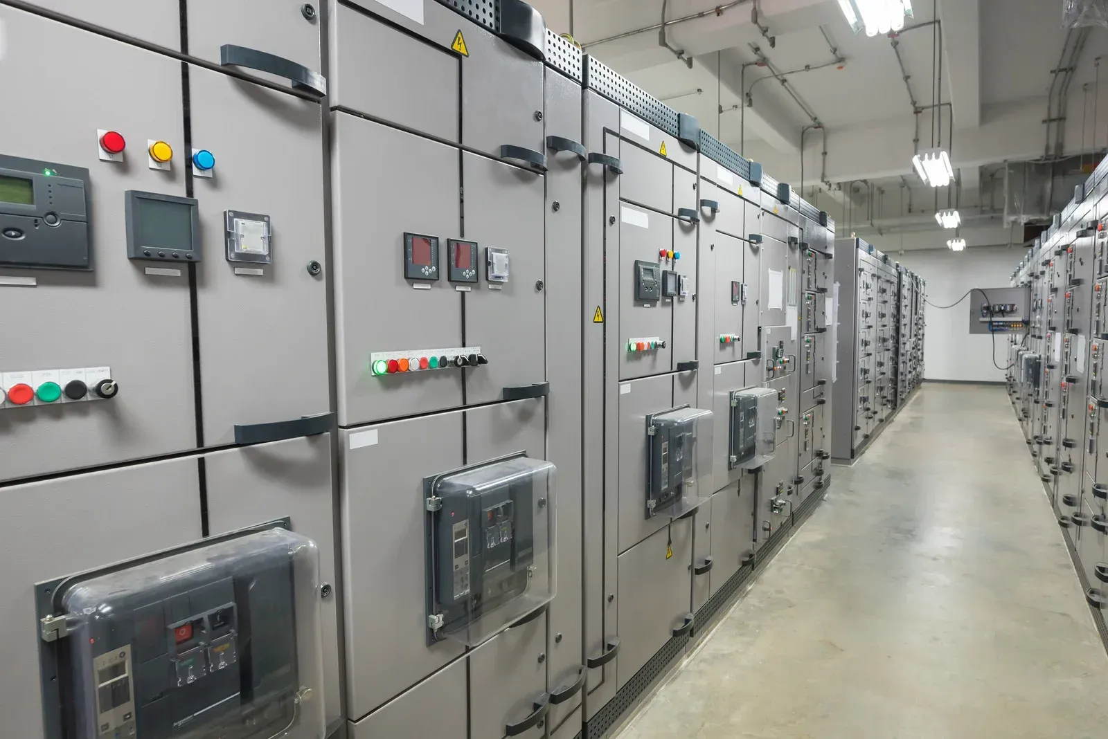 Electrical control panel array in a utility room. Gray panels with various switches, meters, and indicators.