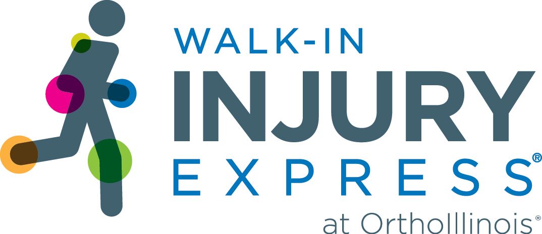 Logo for Walk-in Injury Express at OrthoIllinois with a running figure highlighted with colored circles.