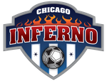 Chicago Inferno soccer team logo: shield with soccer ball, flames, and text 