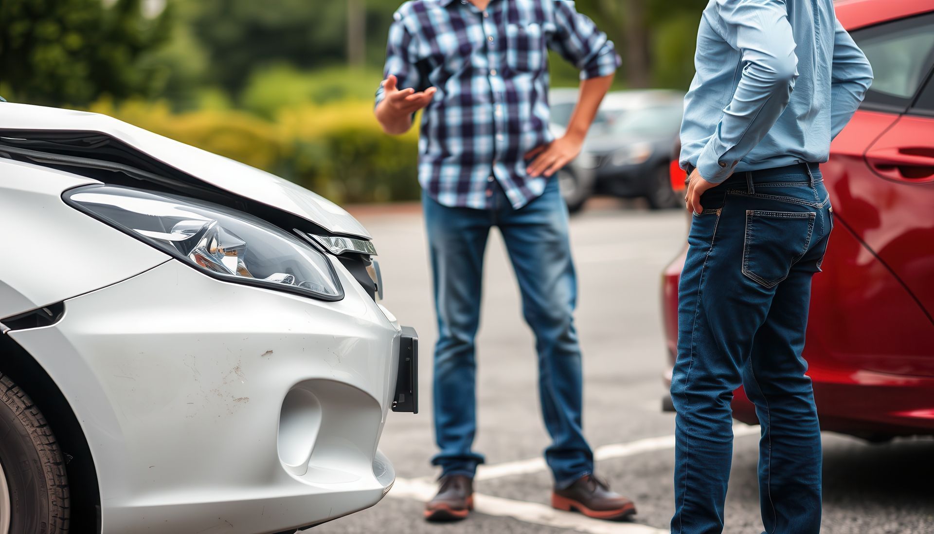Two men talking after a car accident; a white car has front-end damage. Two men talking after a car accident; a white car has front-end damage.