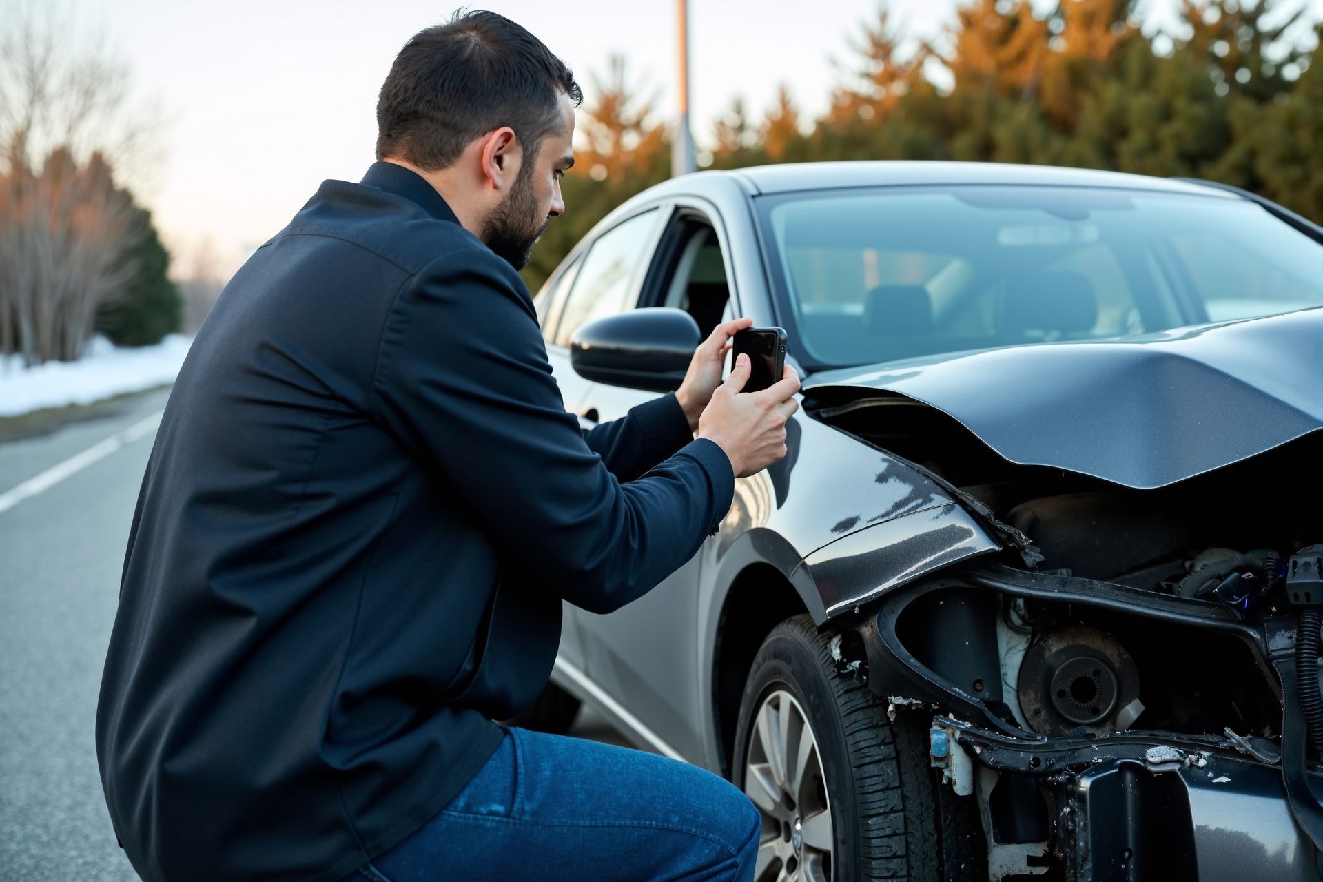 Man taking photo of damaged car on roadside.