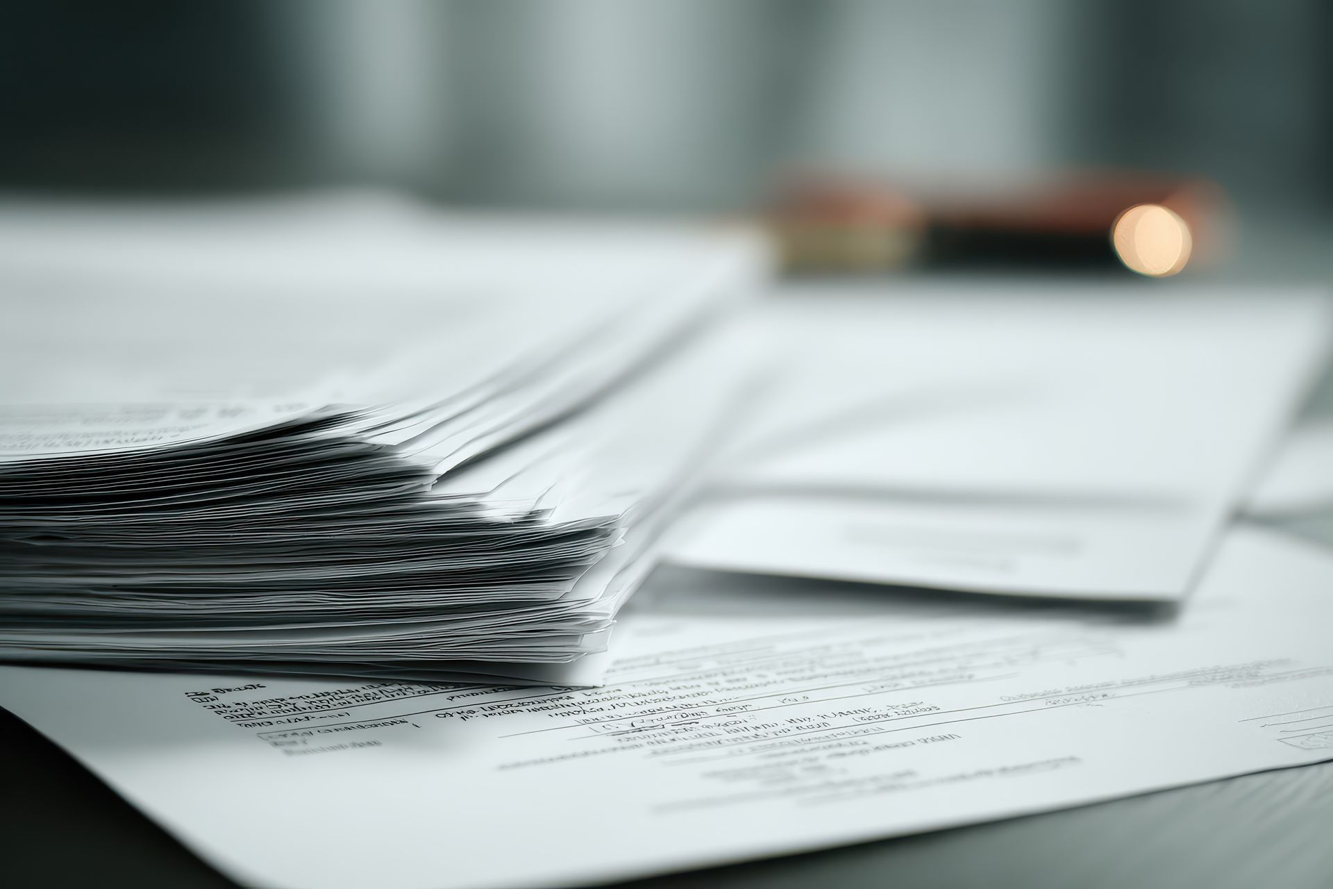Stack of white papers on a desk with a blurred background. Stack of white papers on a desk with a blurred background.