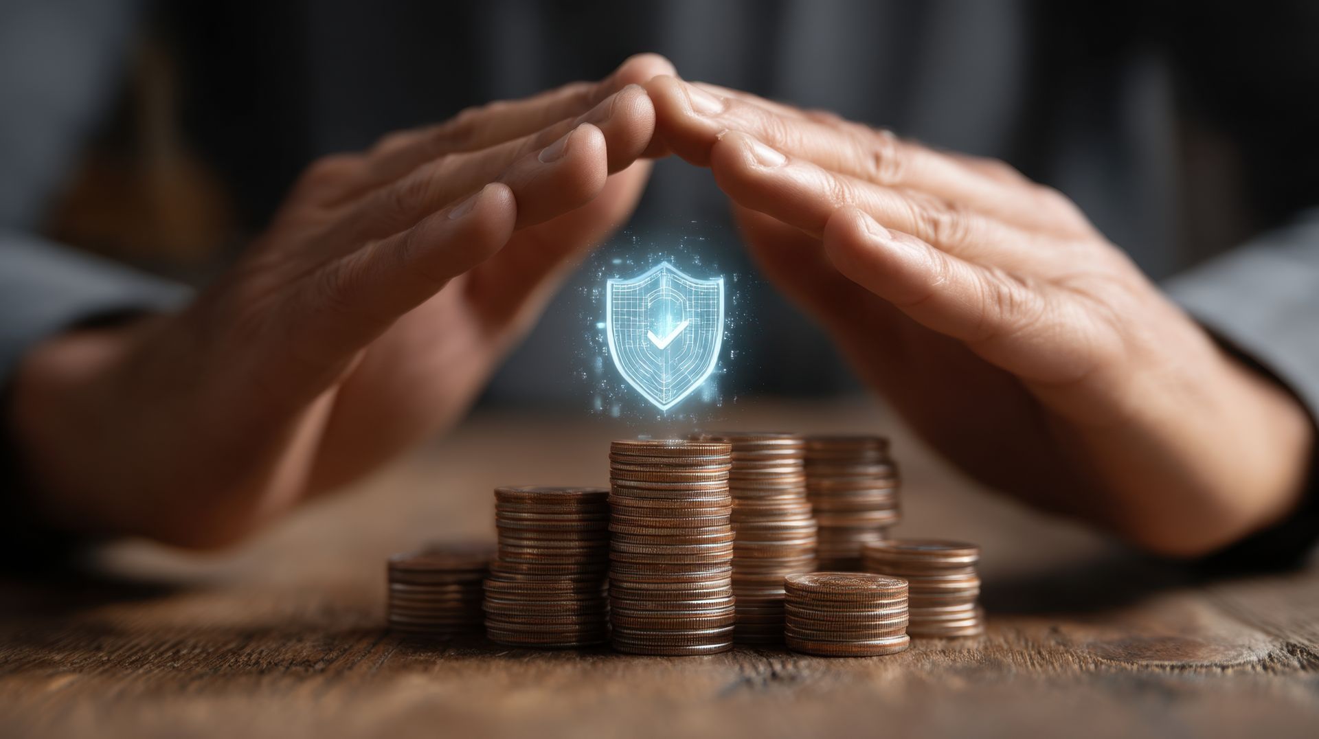 Hands protect stacks of coins with a digital shield symbol hovering above them.