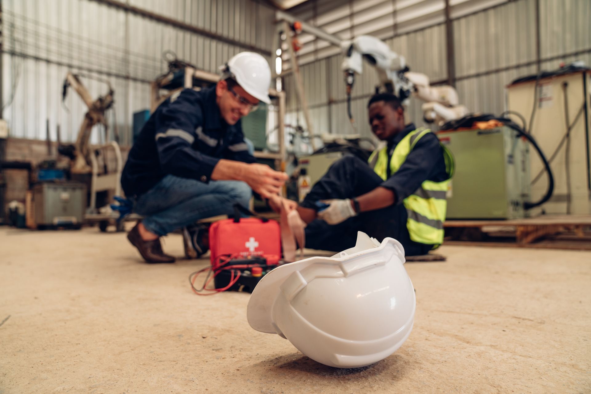 Two workers in a factory; one applies first aid to the other's leg near a fallen hard hat. Two workers in a factory; one applies first aid to the other's leg near a fallen hard hat.