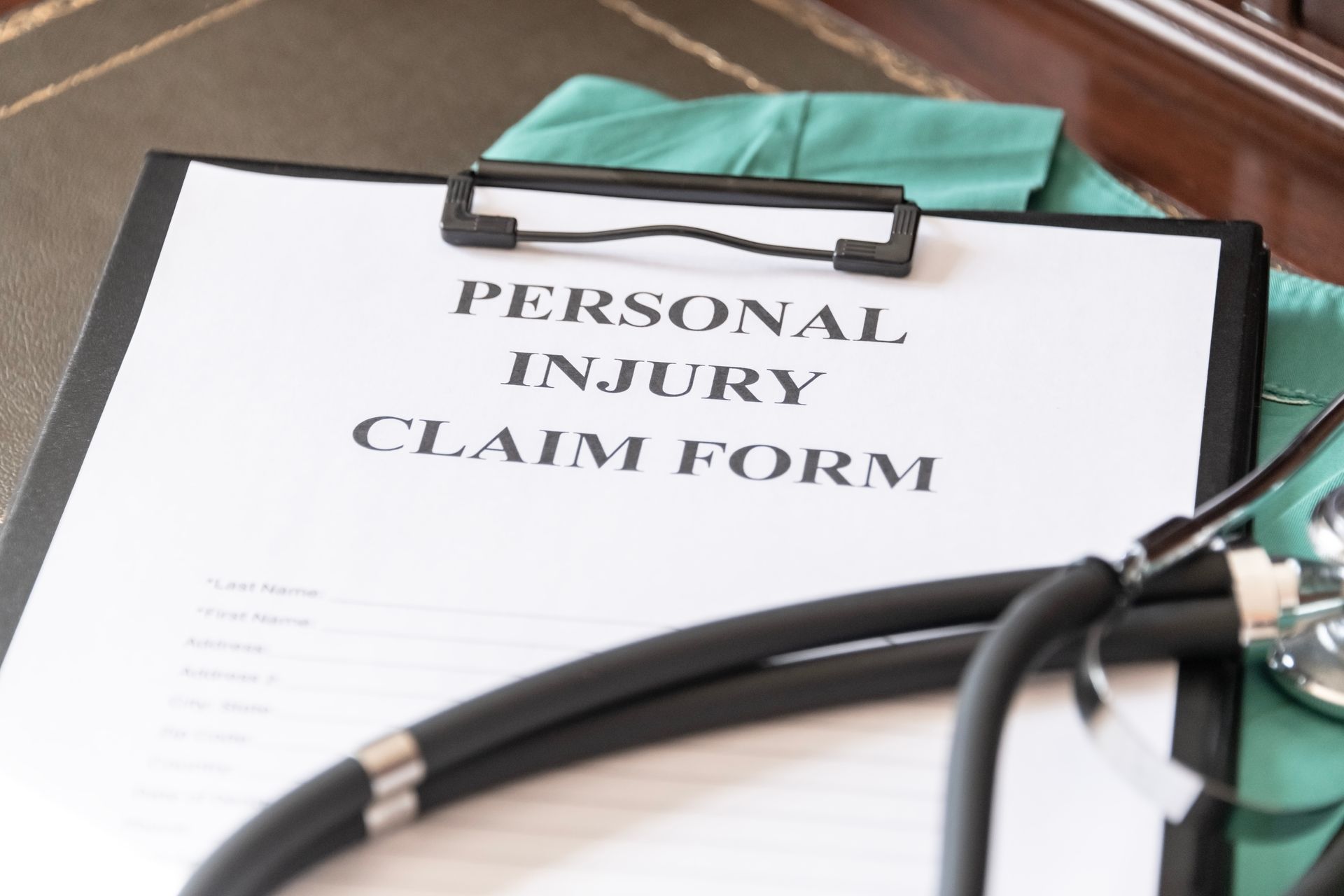Personal injury claim form on clipboard with stethoscope.