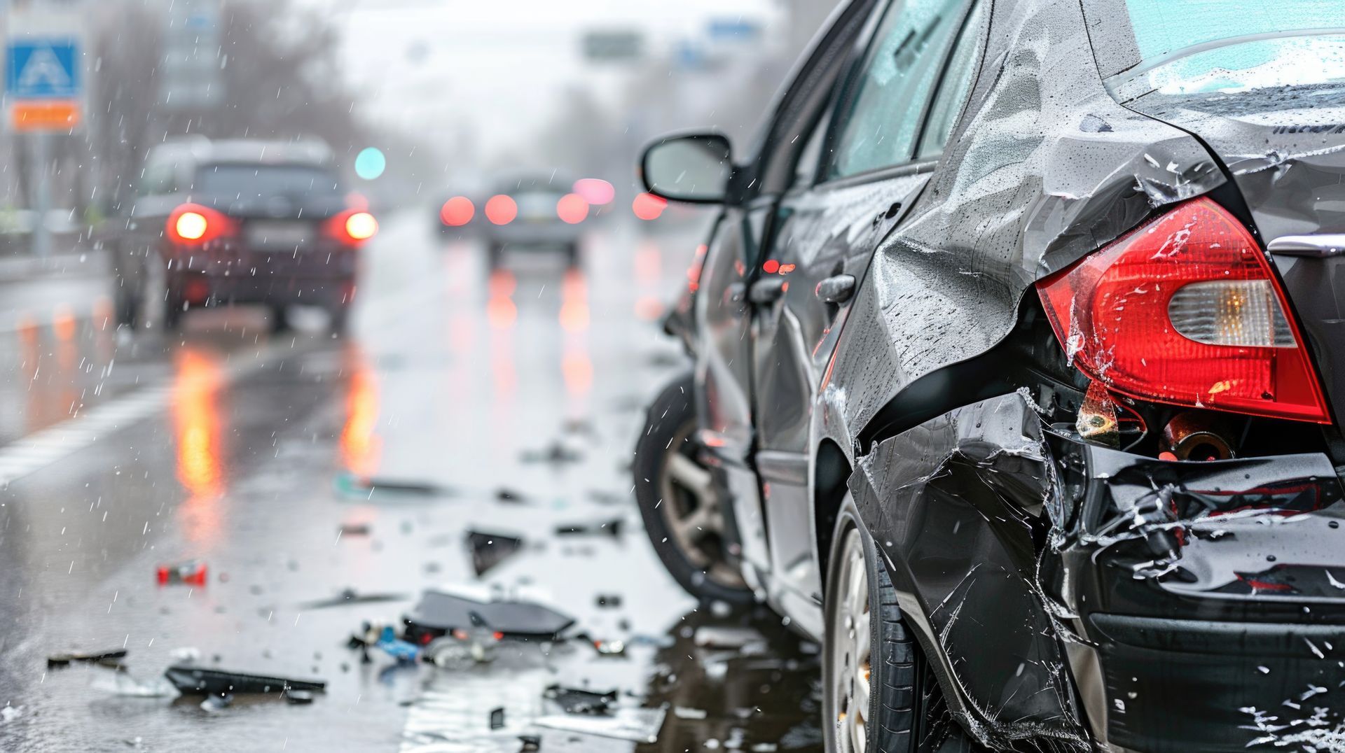 Damaged black car on wet road after a collision. Debris scattered nearby, other cars in background.