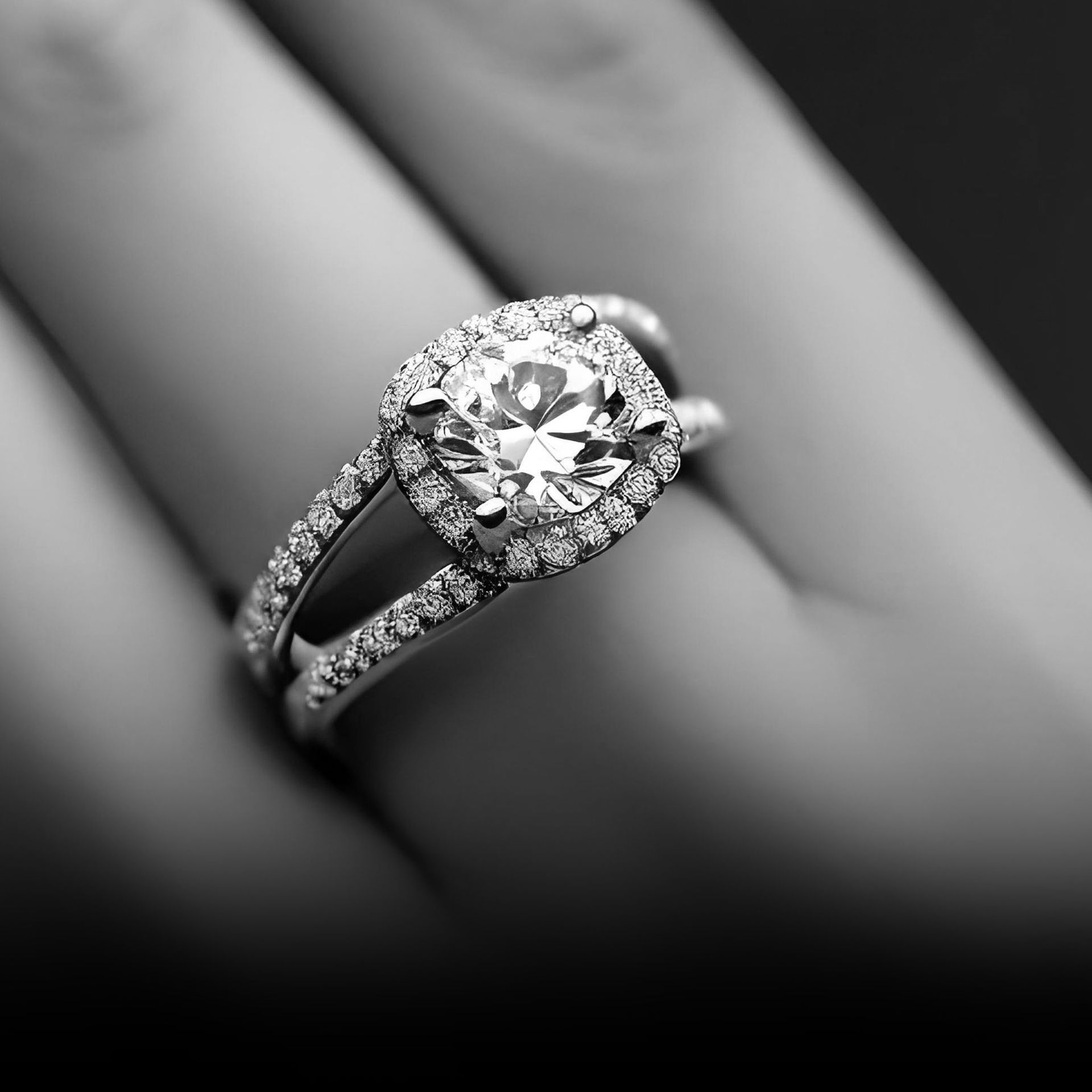 A black and white photo of a diamond ring on a finger