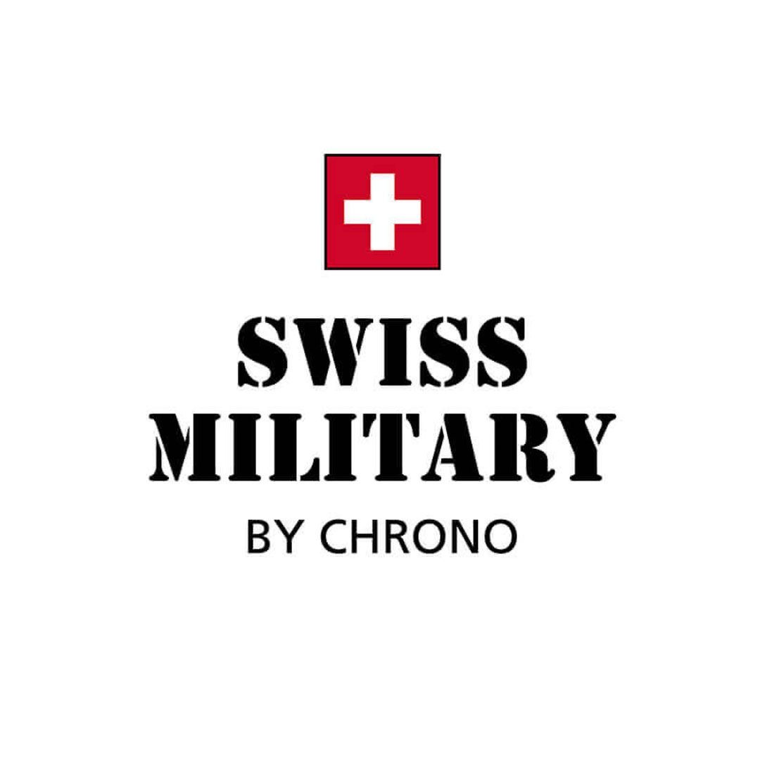 A logo for swiss military by chrono with a red cross on a white background.