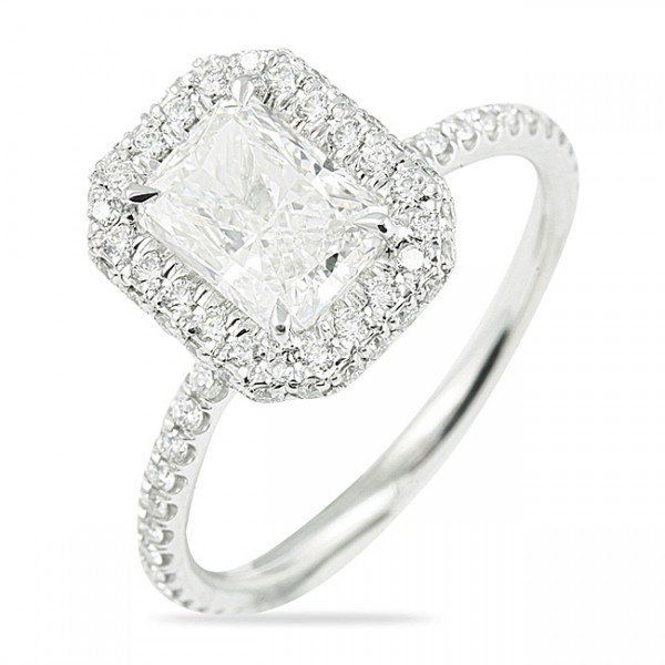 Radiant cut diamond engagement ring with double halo and pavé diamond band
