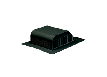 A black roof vent is sitting on top of a white surface.