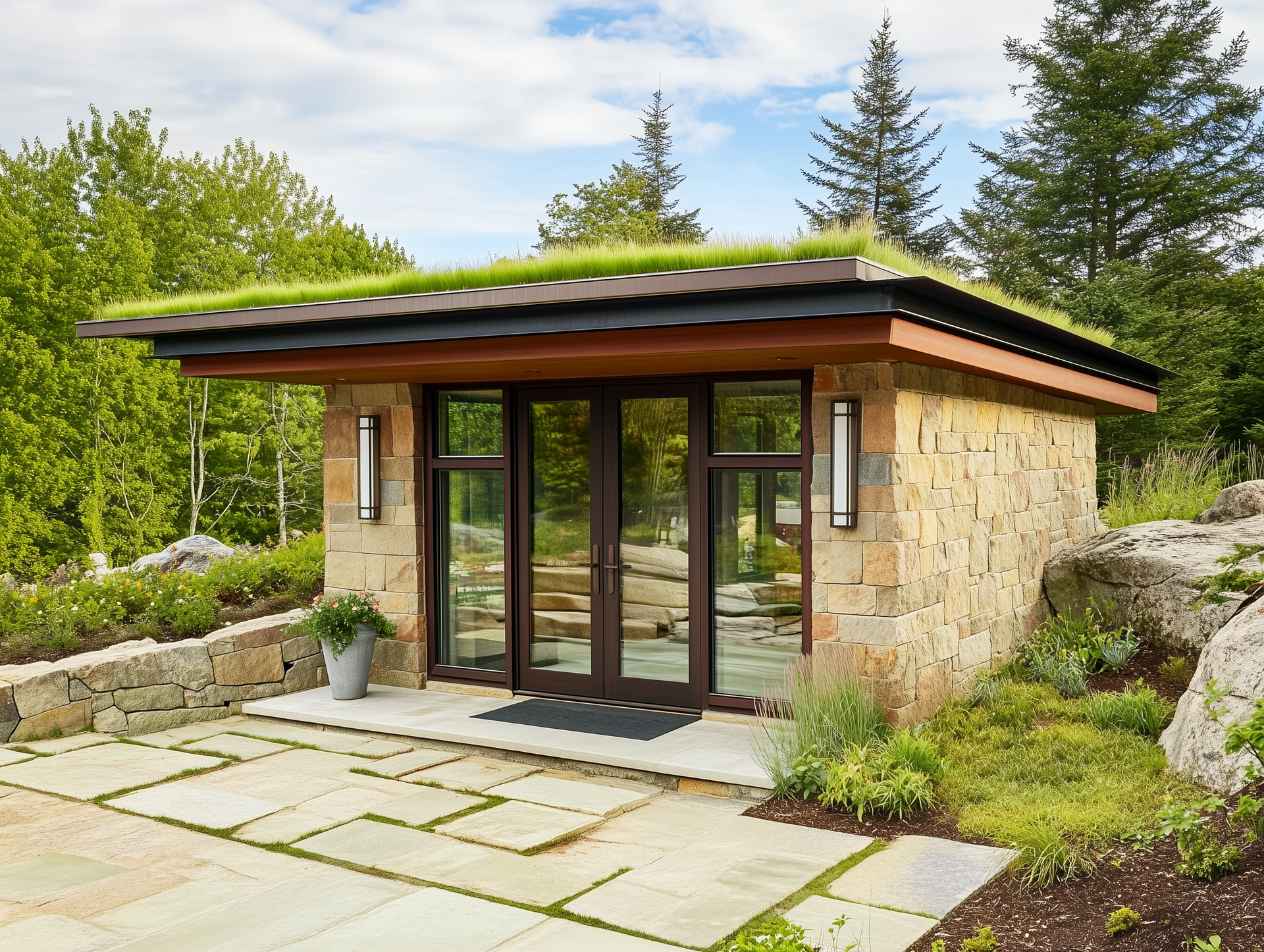 A small wooden house with a black roof sits in the middle of a forest