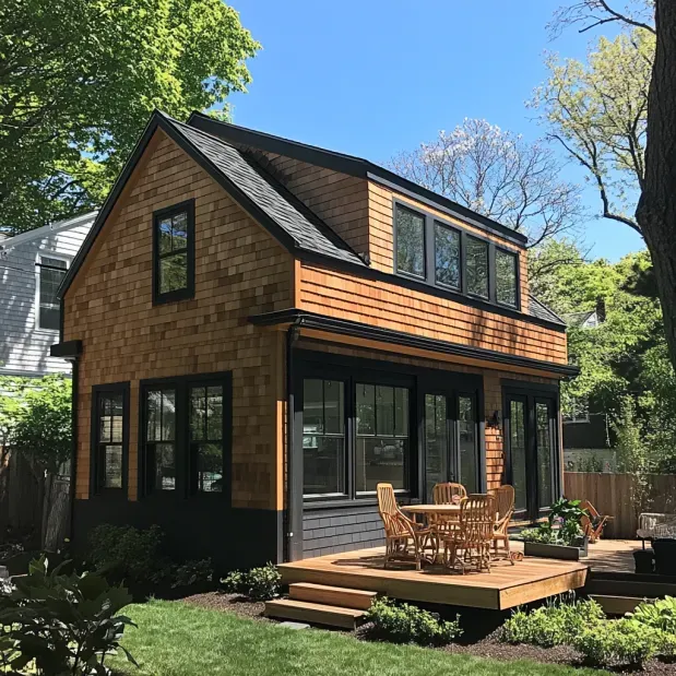 A small house with a deck and a table and chairs on it