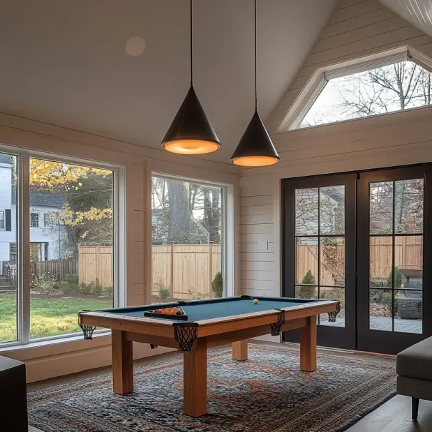 There is a pool table in the middle of the room.