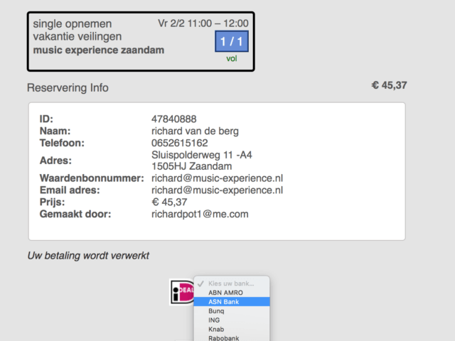 Een screenshot van een reservering voor een muziekervaring