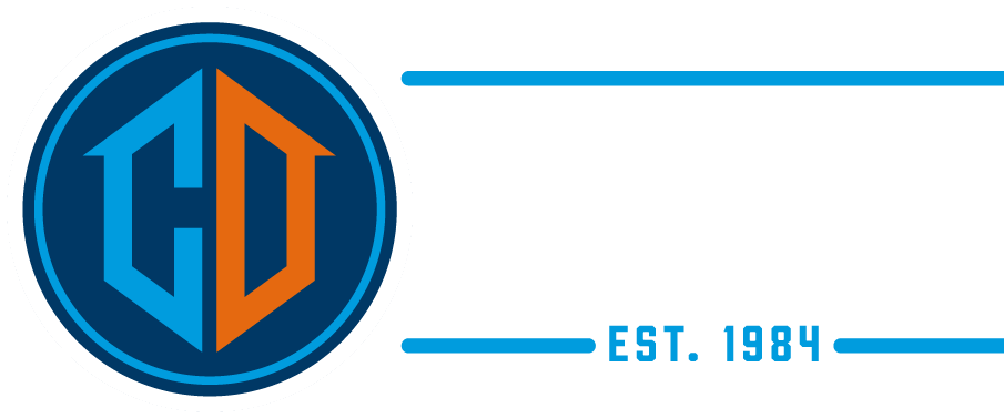 Logo with blue and orange “CD” within a blue circle