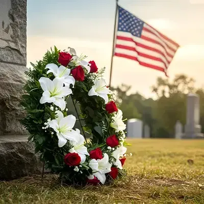 White and red wreath beside a U.S. flag in a cemetery at sunset