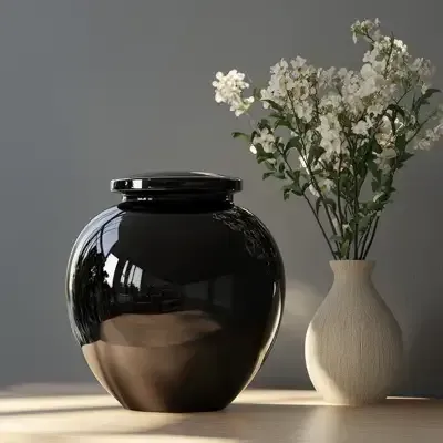 A picture of a high gloss black urn with a vase of white flowers in the background