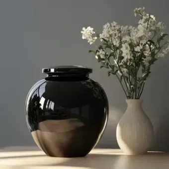 A picture of a high gloss black urn with a vase of white flowers in the background