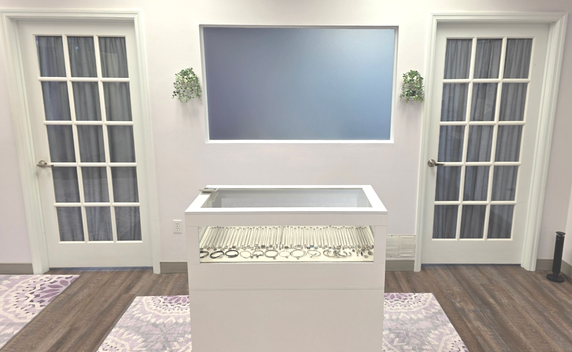 Bright living room with a white jewelry display, flanked by French doors and small wall plants.