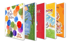 Five colorful children’s books standing upright, with bright illustrated covers in purple, green, red, yellow, and orange.