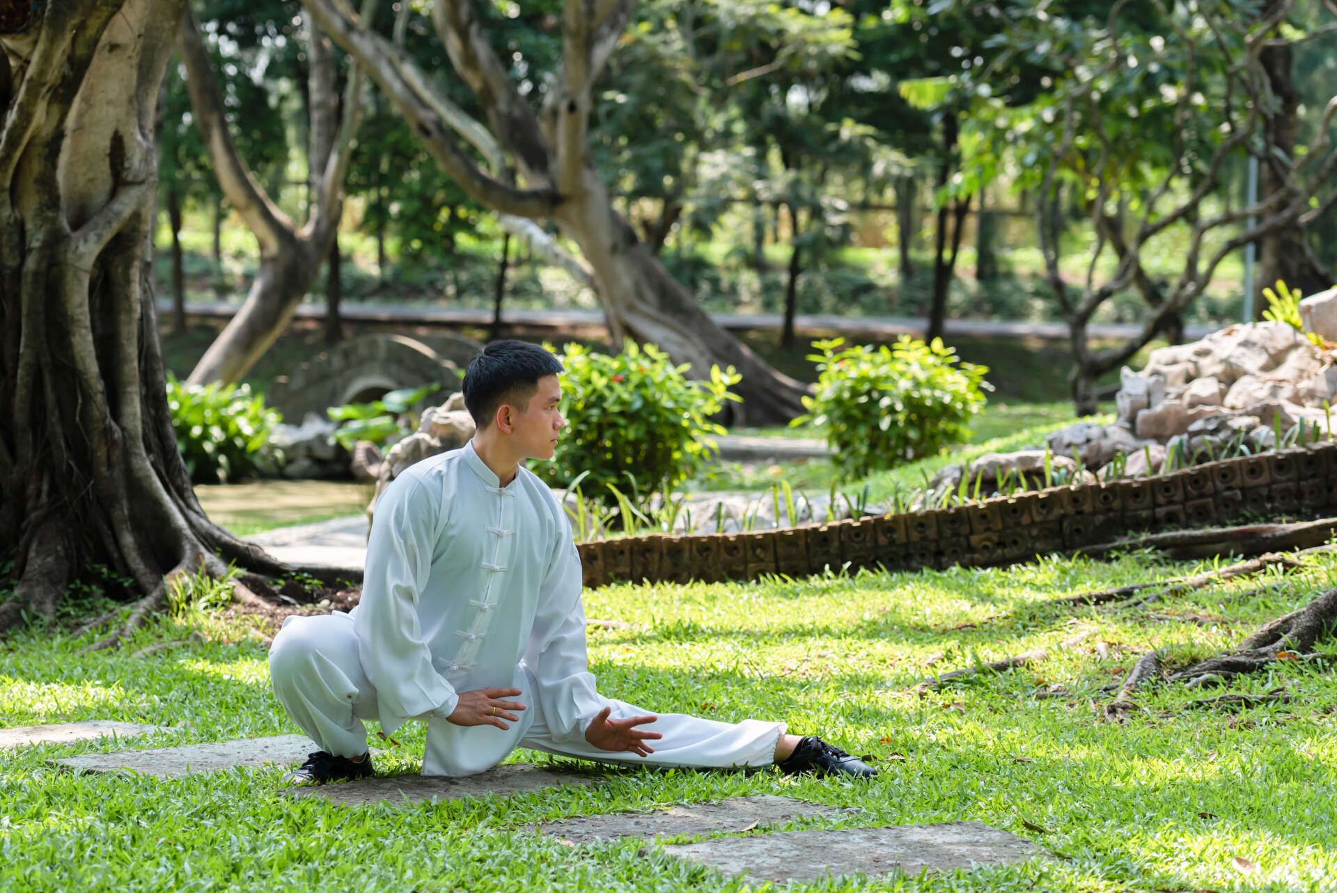a man practicing tai chi outside