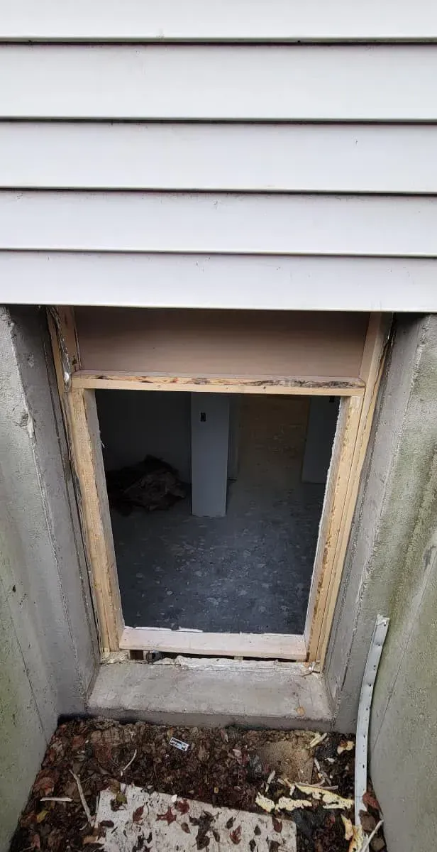 Exterior basement window opening, framed in wood, below white siding, concrete foundation.