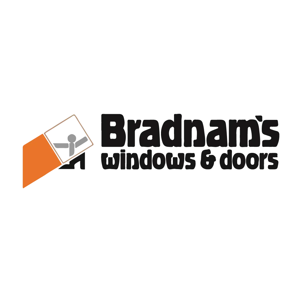Bradnam's Windows & Doors logo with an orange and white graphic of a person in a window frame.