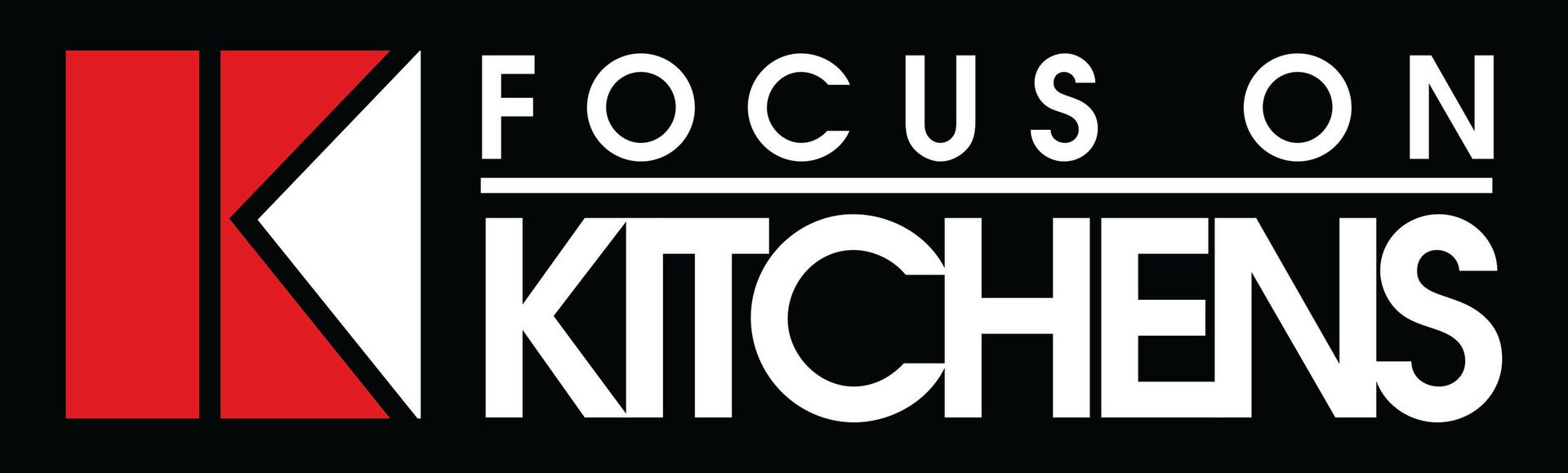 Logo of “Focus on Kitchens” with a red and white “K” design.