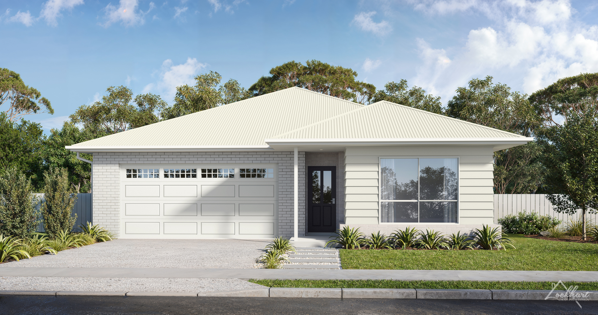 Single-story house with a white exterior, gray driveway, and green lawn; trees in the background.