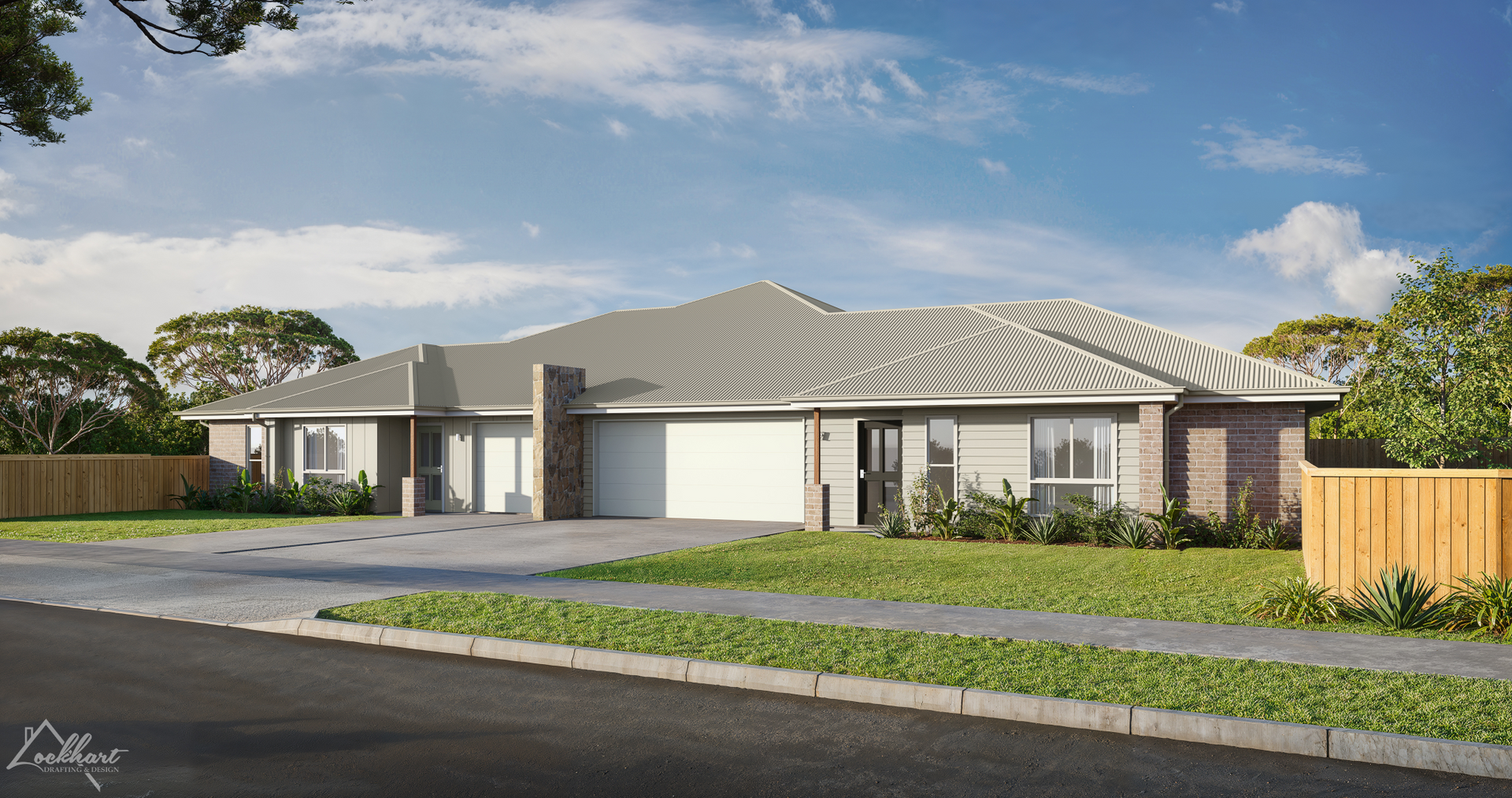A row of brick and gray roof houses with a garage, green grass, and trees under a blue sky.